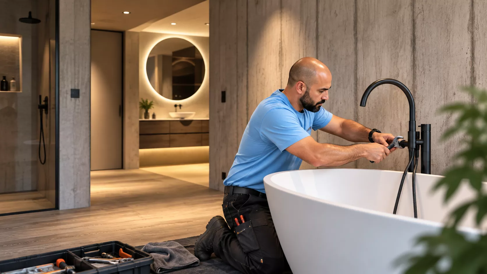 Sanitärinstallateur montiert eine Armatur an einer freistehenden Badewanne